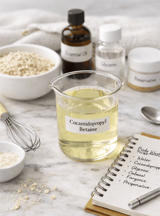 Bottle of Cocamidopropyl Betaine with ingredients and tools on a marble surface