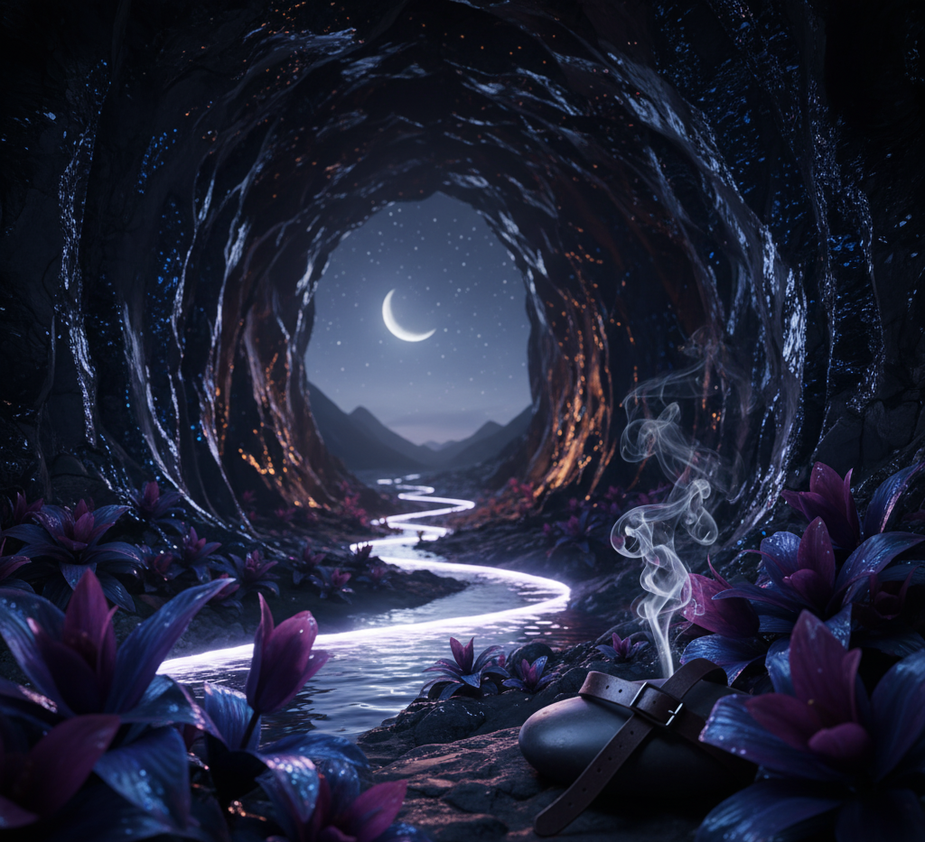 Reminiscent of Dior Sauvage cologne - this image is a Fantasy scene with a glowing path through a cave, surrounded by mystical plants and a crescent moon.