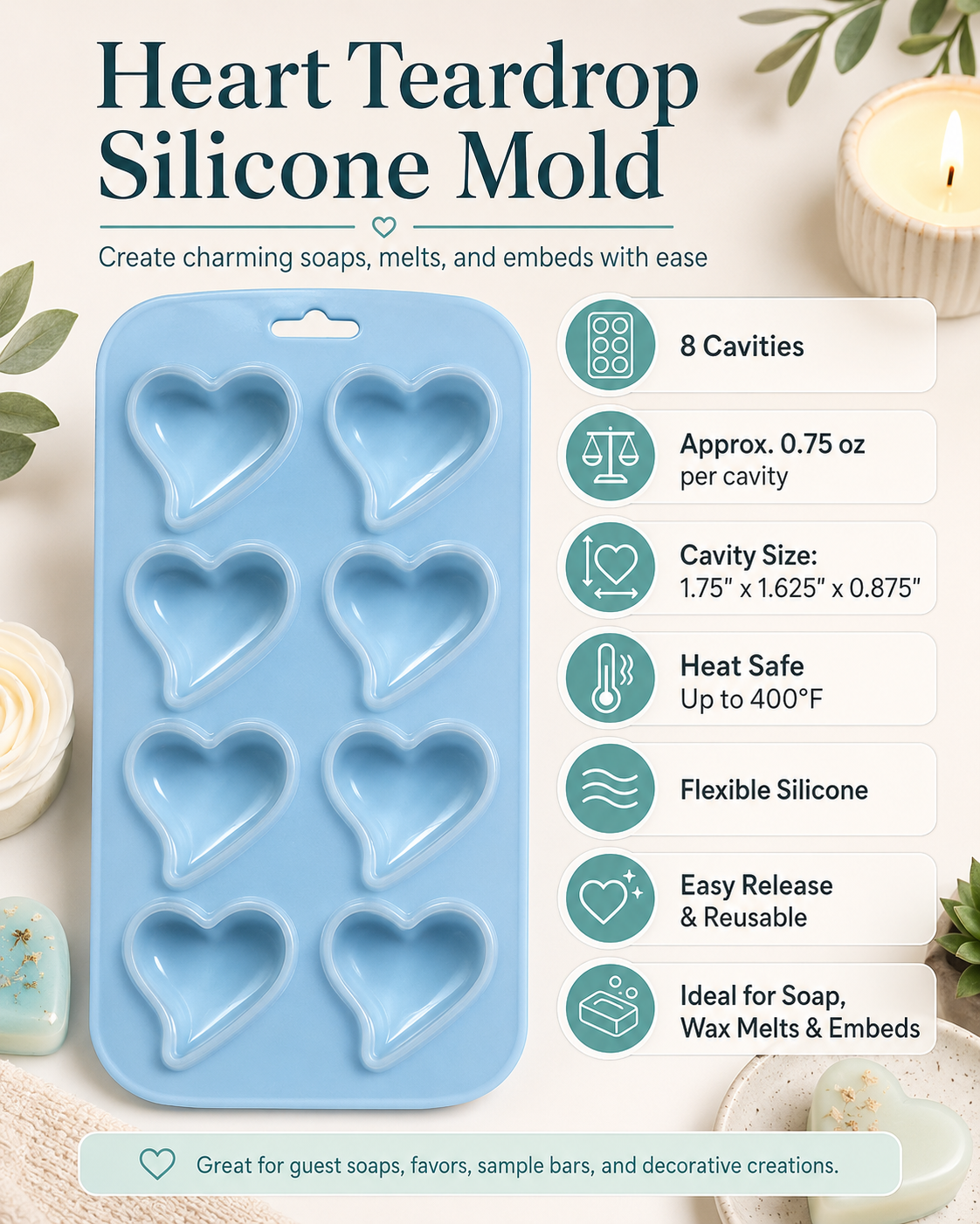Heart Teardrop Small Silicone Mold for Soap, Wax, Resin