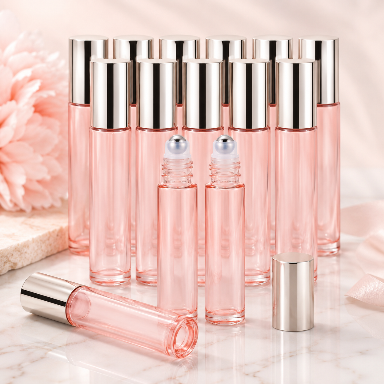 Wholesale set of pink rollerball bottles with silver caps on a marble surface.