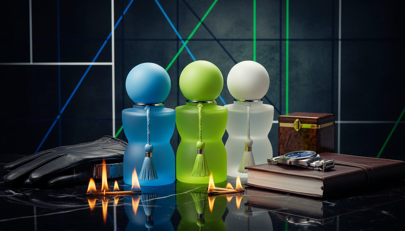 Three colorful cologne
bottles with tassels on a reflective surface with a dark geometric background