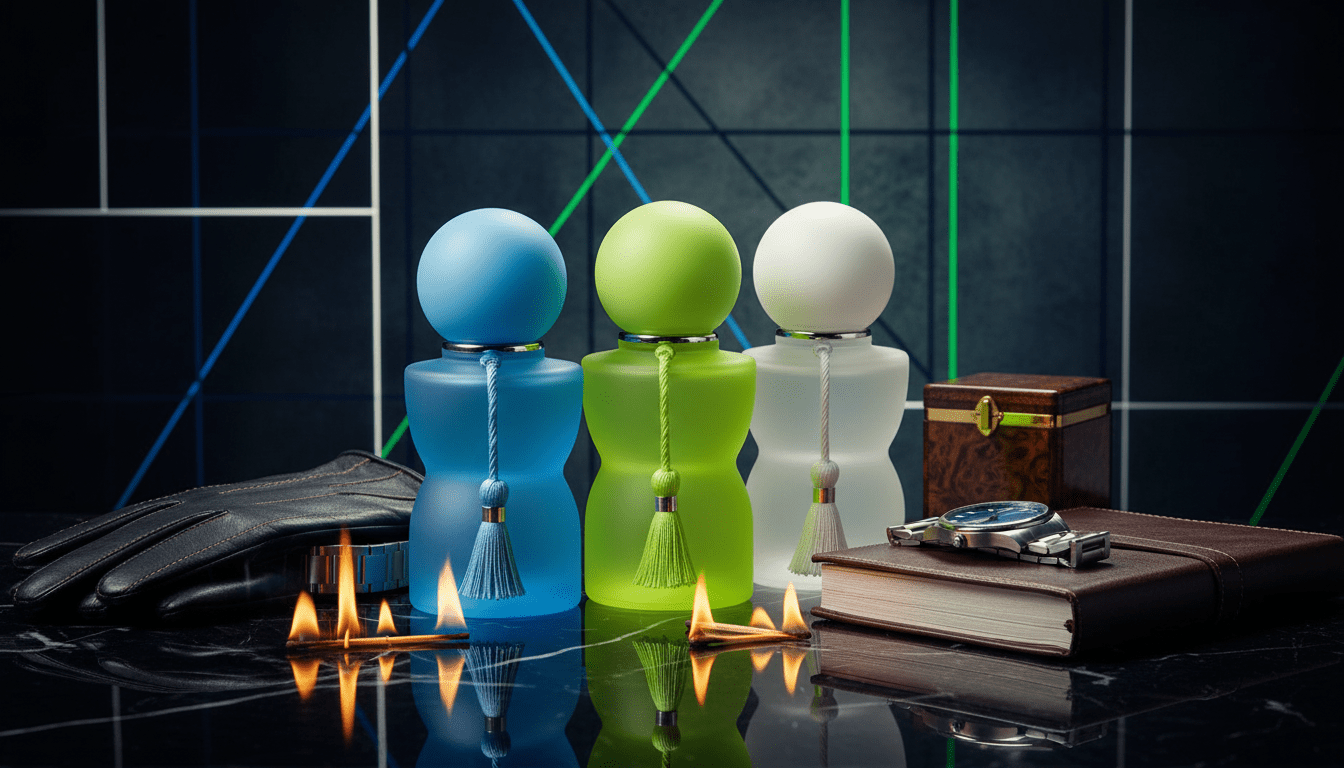 Three colorful cologne
bottles with tassels on a reflective surface with a dark geometric background