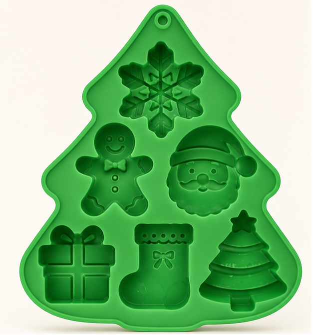 Christmas Tree 6-Cavity Silicone Mold – Santa, Stocking, Gift & Holiday Shapes