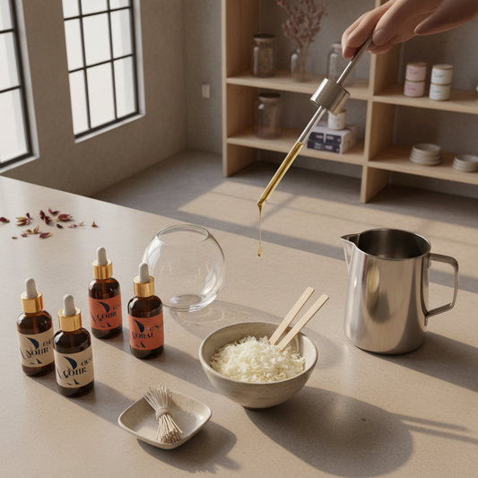 Artisan materials for crafting luxury perfume type fragrance oils in designer-inspired candles.