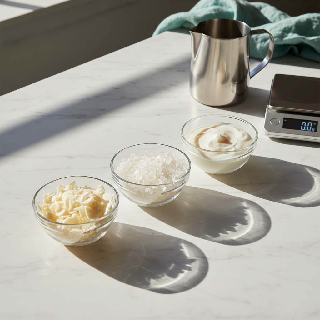 Three types of candle wax — soy, paraffin, and coconut — arranged on a marble surface in a bright artisan workshop