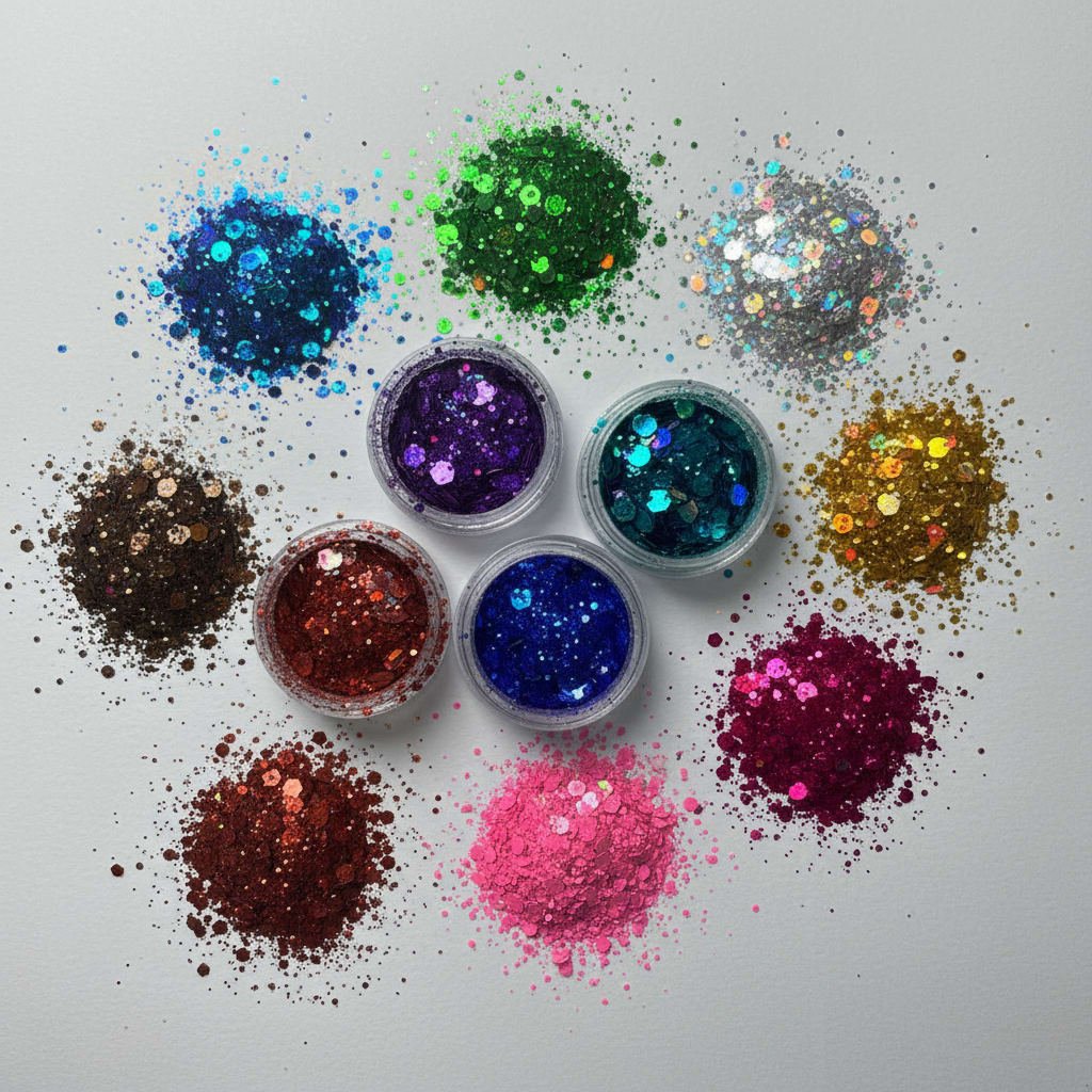 Assorted colorful glitter in small containers on a light gray background