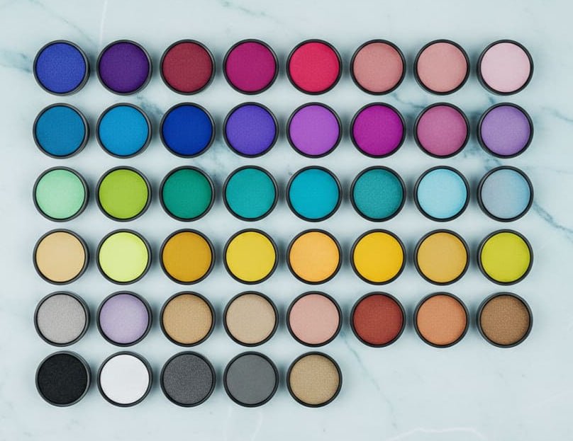 Grid of colorants on a marble background