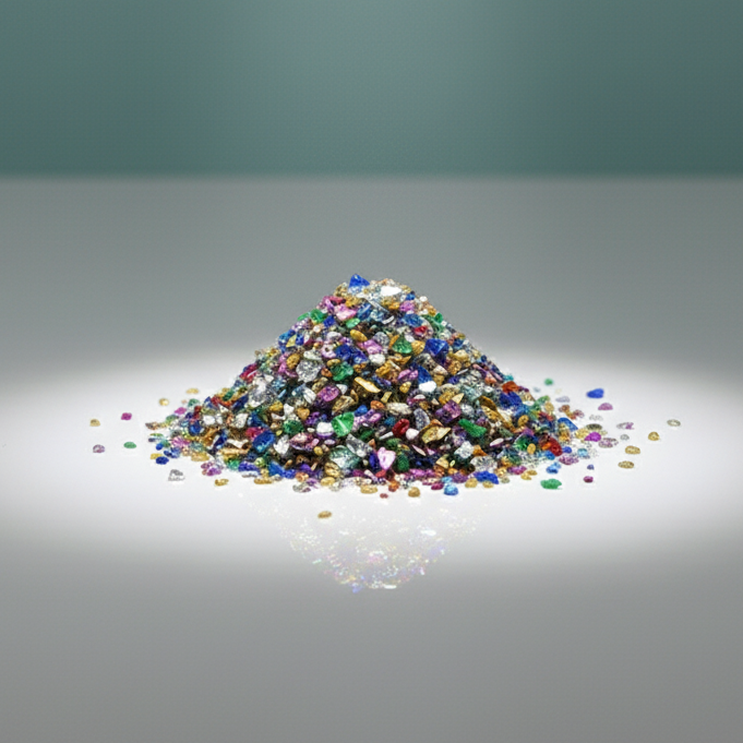 Pile of multicolored gemstones on a gray surface with a spotlight effect