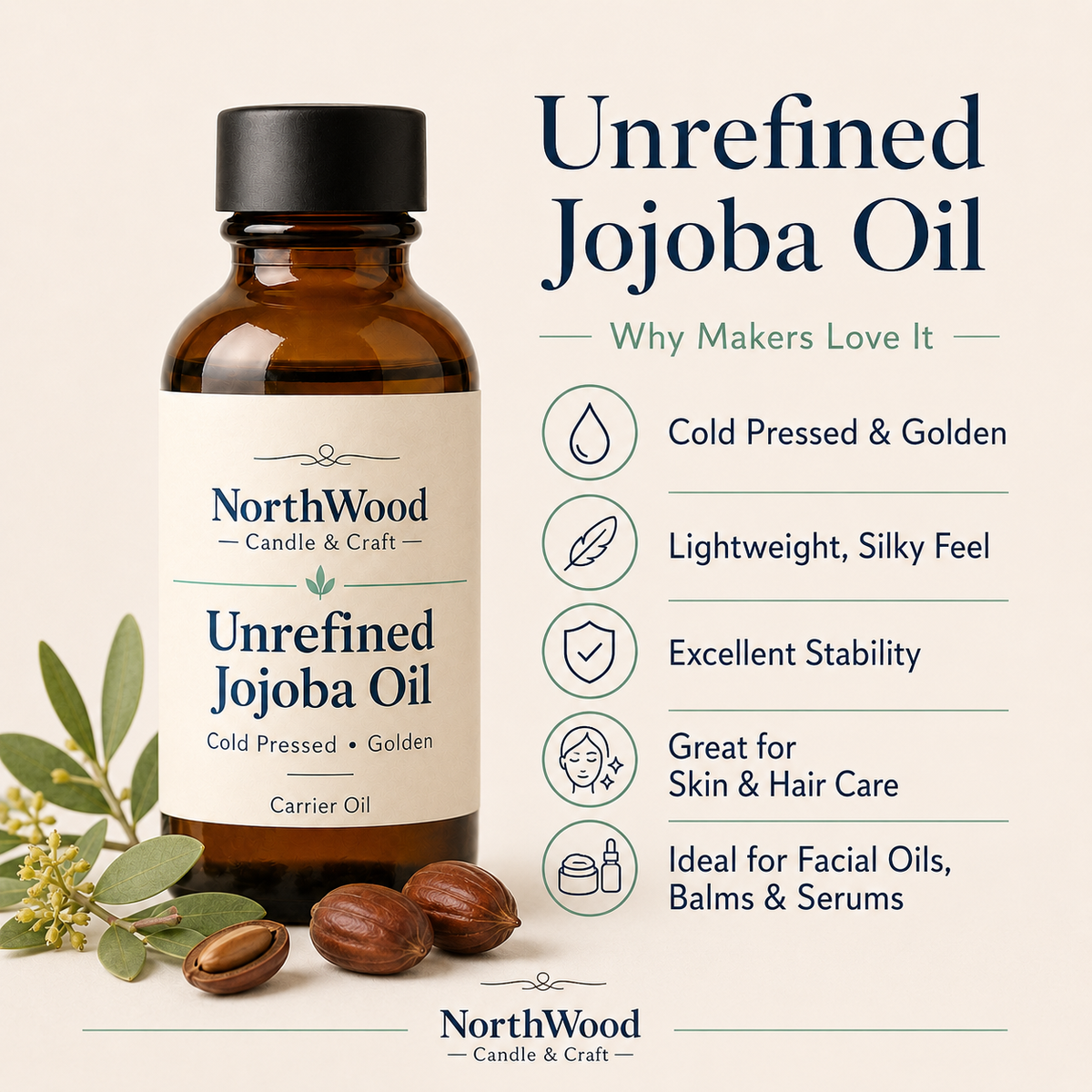 Unrefined Jojoba Oil – Cold Pressed, Golden