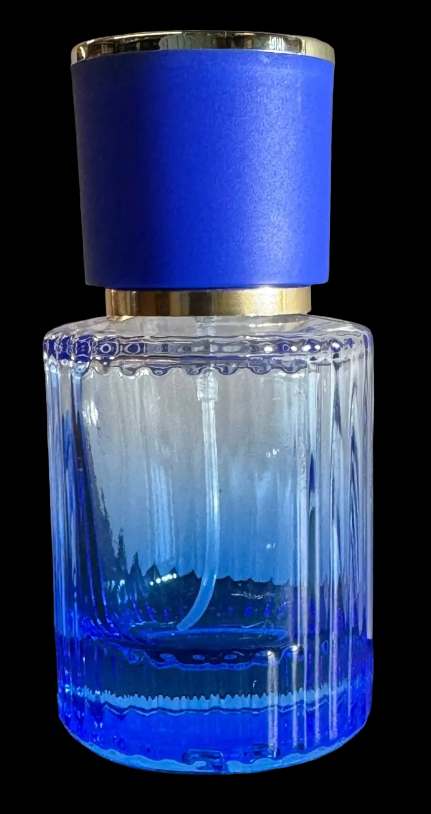 Blue gradient cologne bottle with ribbed design.