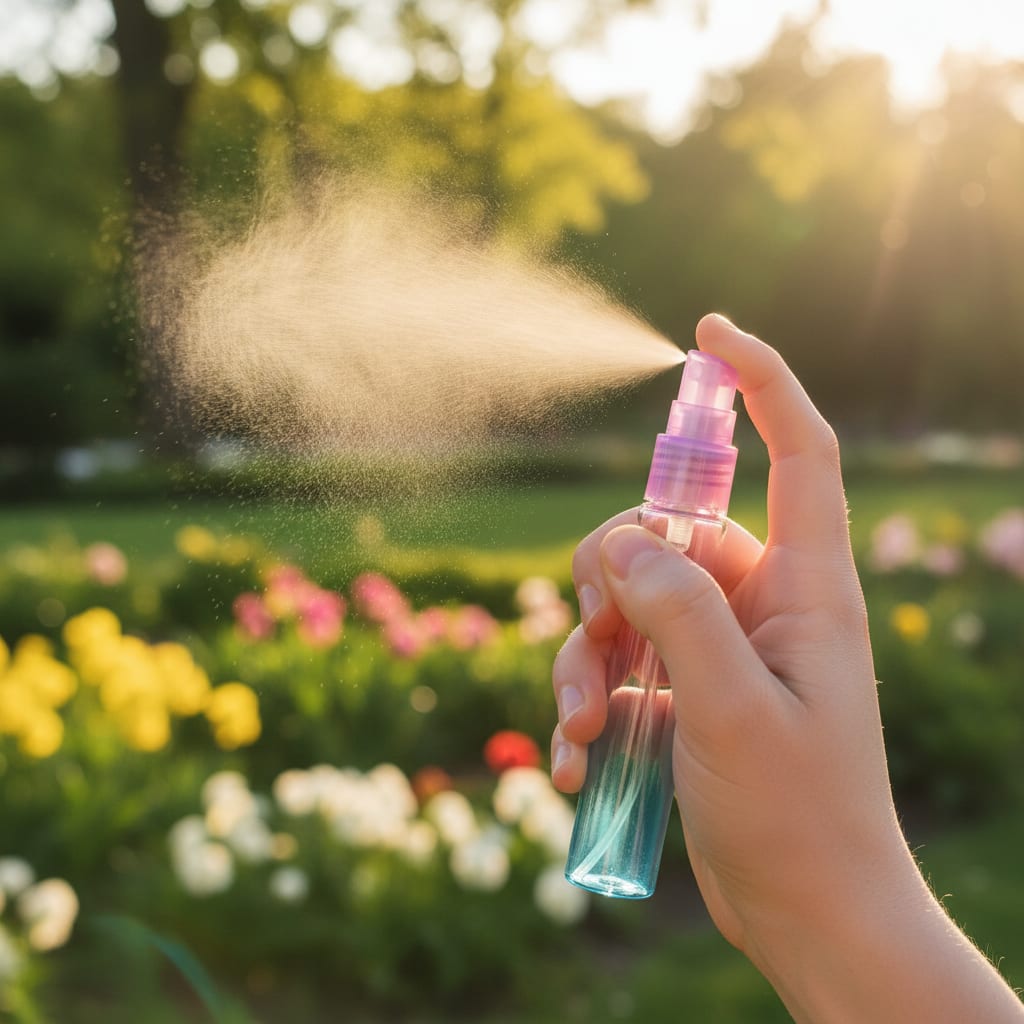 Hand holding a spray bottle with flowers in the background