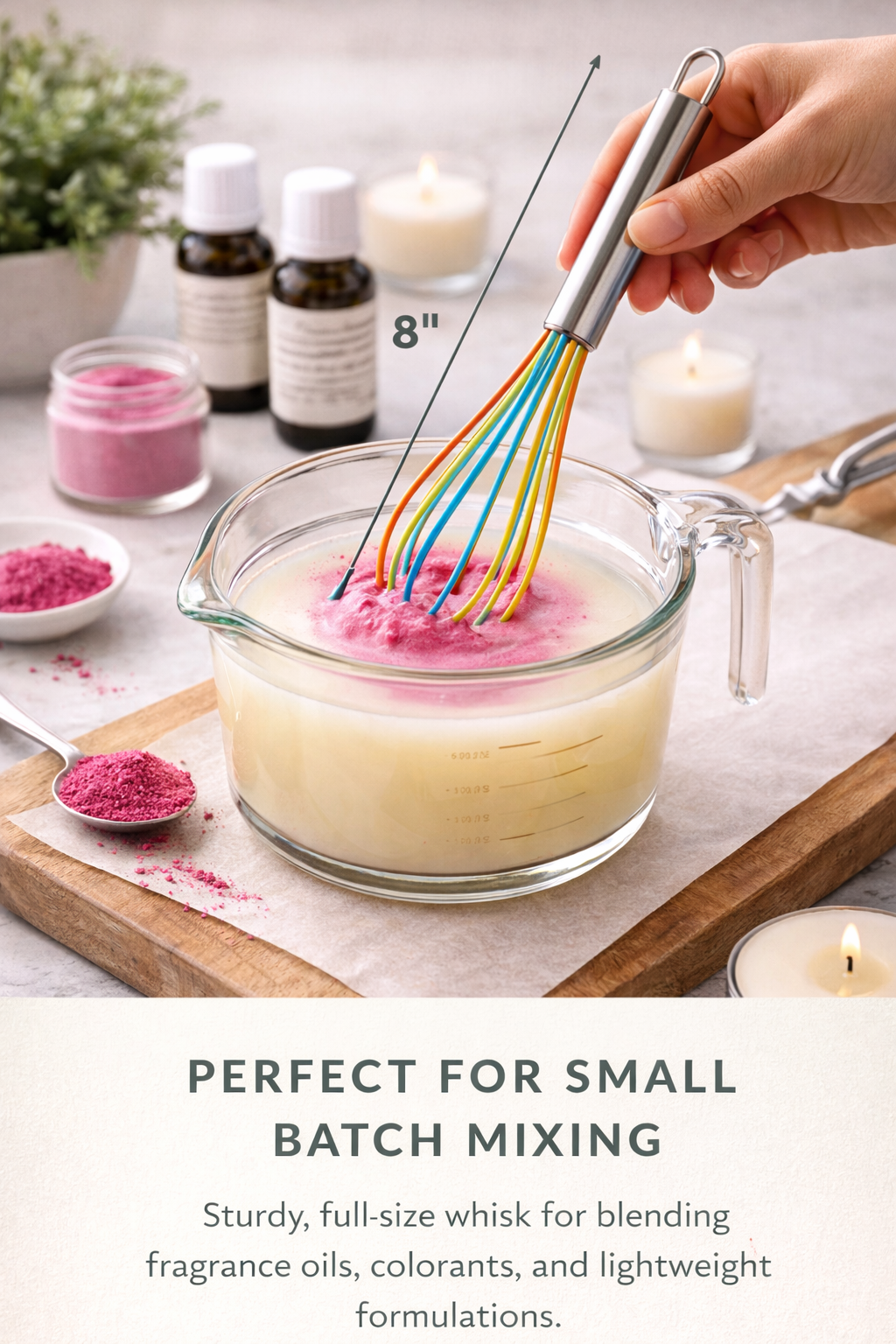 Stirring a mixture in a glass bowl with a whisk, surrounded by ingredients and containers on a table.