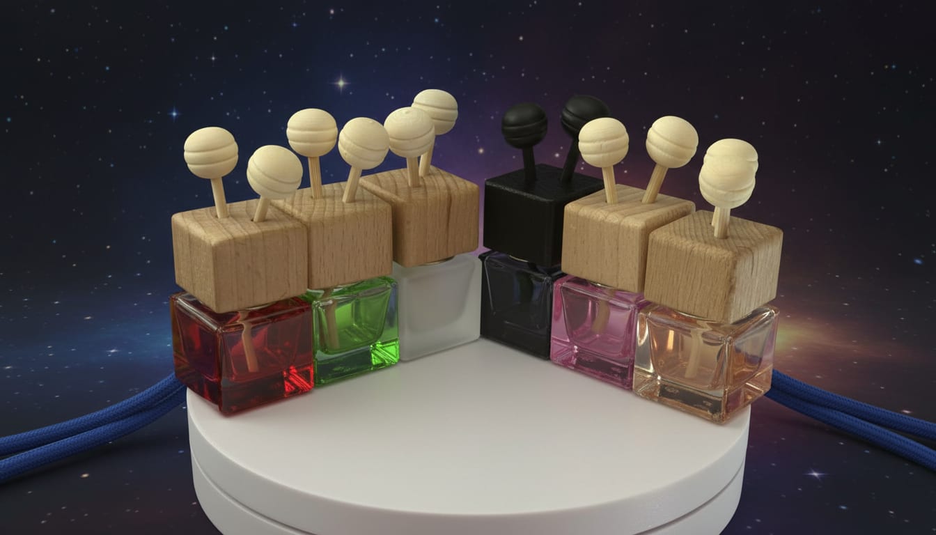 Set of vent clip car diffuser bottles with wooden caps on a white platform against a space-themed background