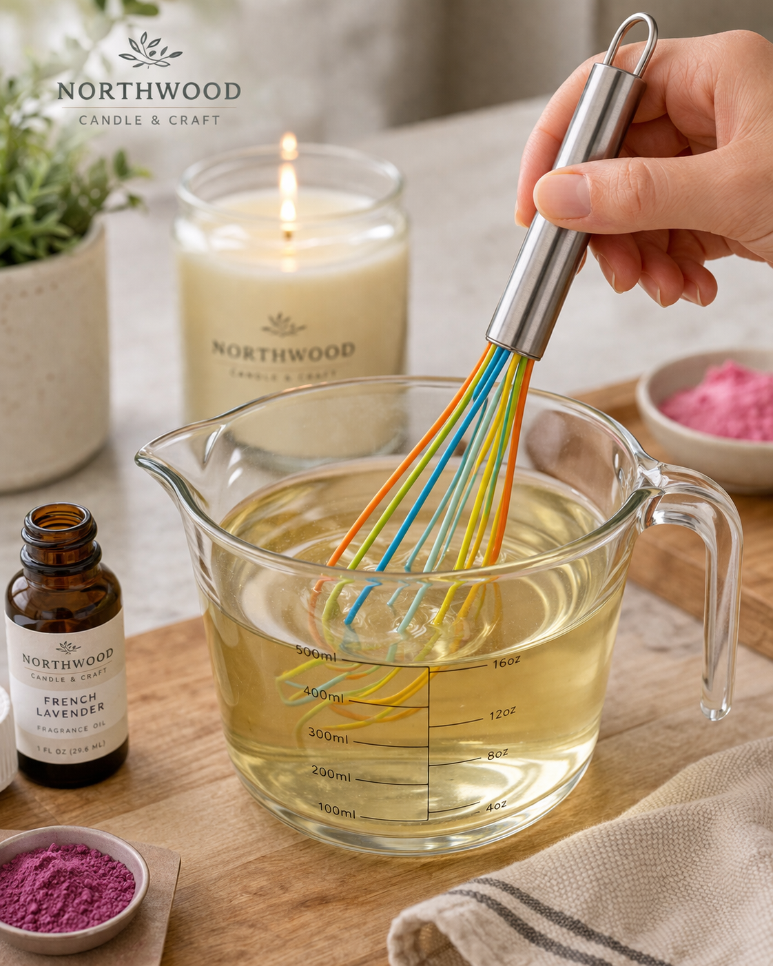 Person stirring candle wax in a measuring cup with a whisk, surrounded by Northwood Candle & Craft products.
