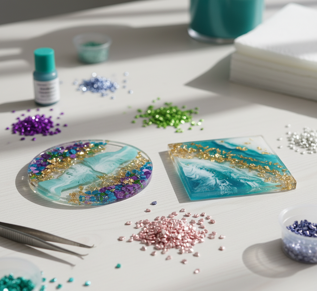 Making coasters with epoxy resin and glass beads