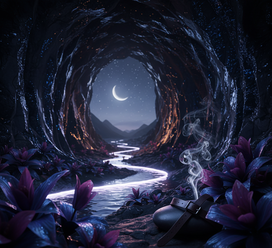 Reminiscent of Dior Sauvage cologne - this image is a Fantasy scene with a glowing path through a cave, surrounded by mystical plants and a crescent moon.