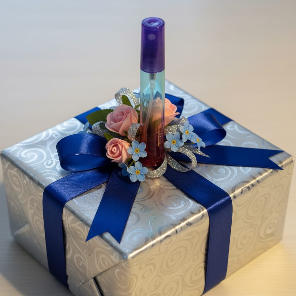 Gift box with blue ribbon and floral arrangement on a white background