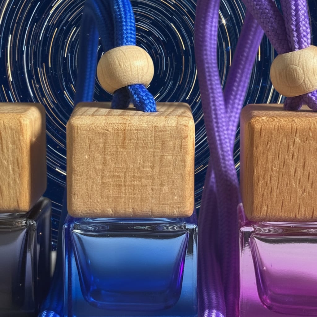 Three wooden-framed glass car perfume bottles with colorful ropes against a starry background