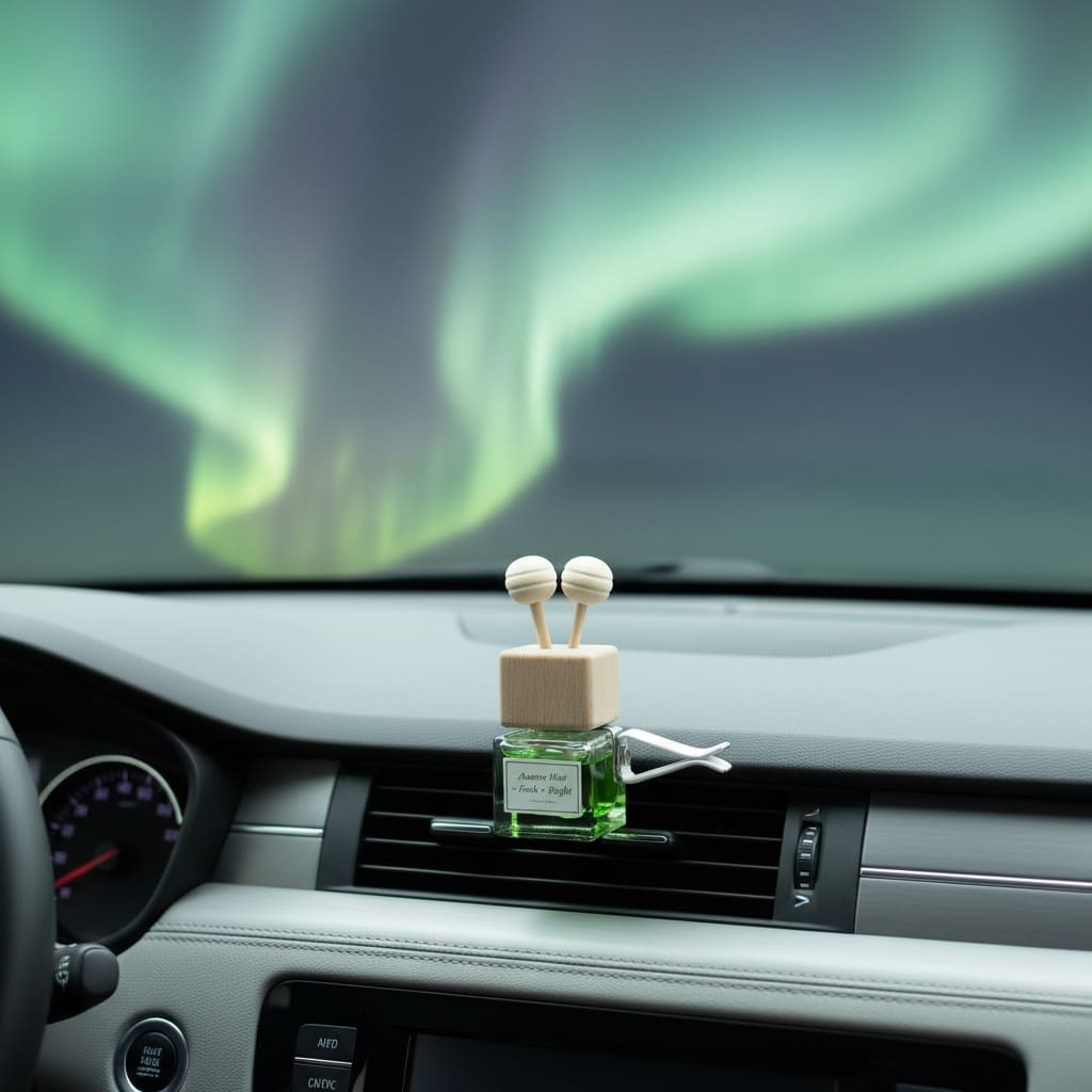 Car dashboard with a green vent clip diffusercar air freshener and Northern Lights in the background