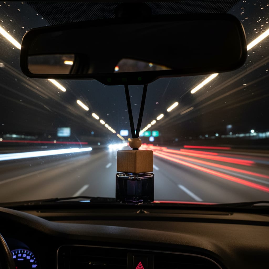Car interior with a hanging black car air freshener on a blurred highway at night.