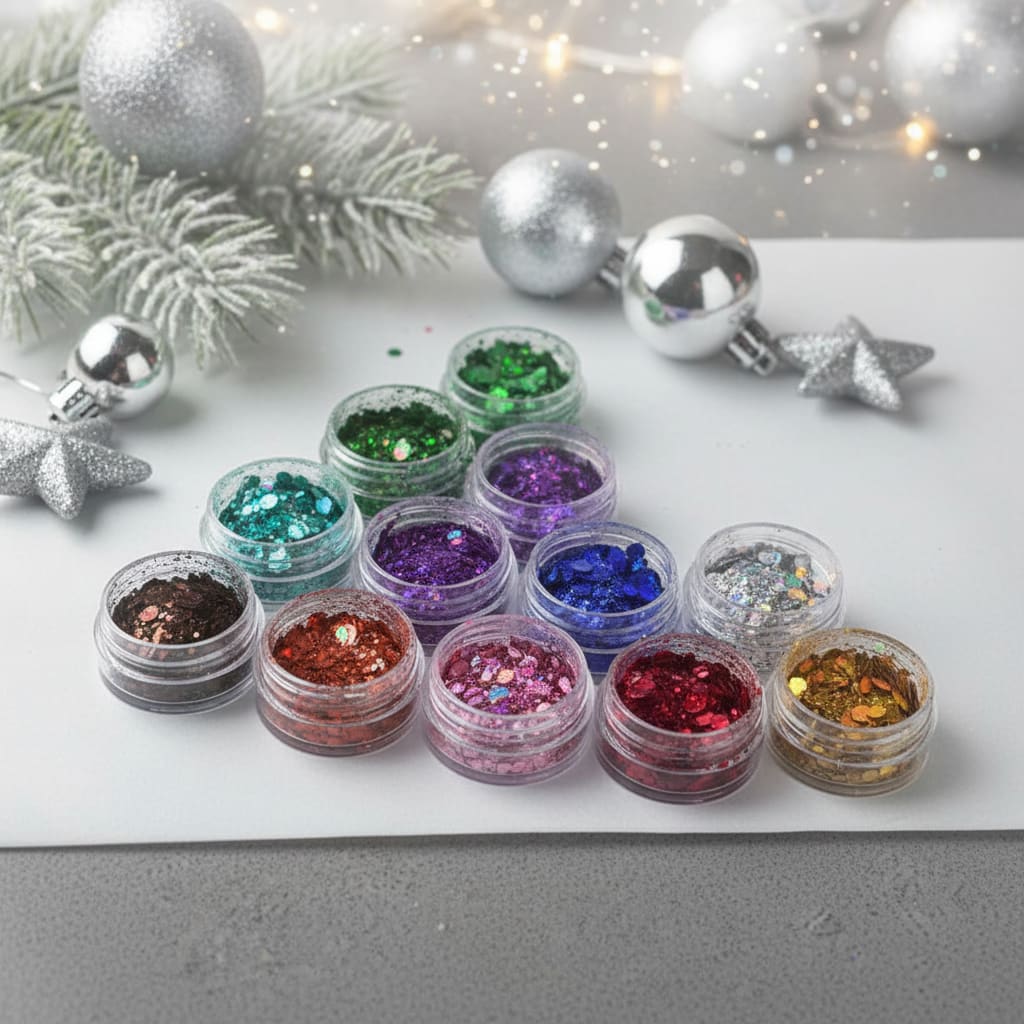 Assorted glitter jars on a white surface with Christmas decorations in the background