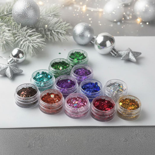 Assorted glitter jars on a white surface with Christmas decorations in the background