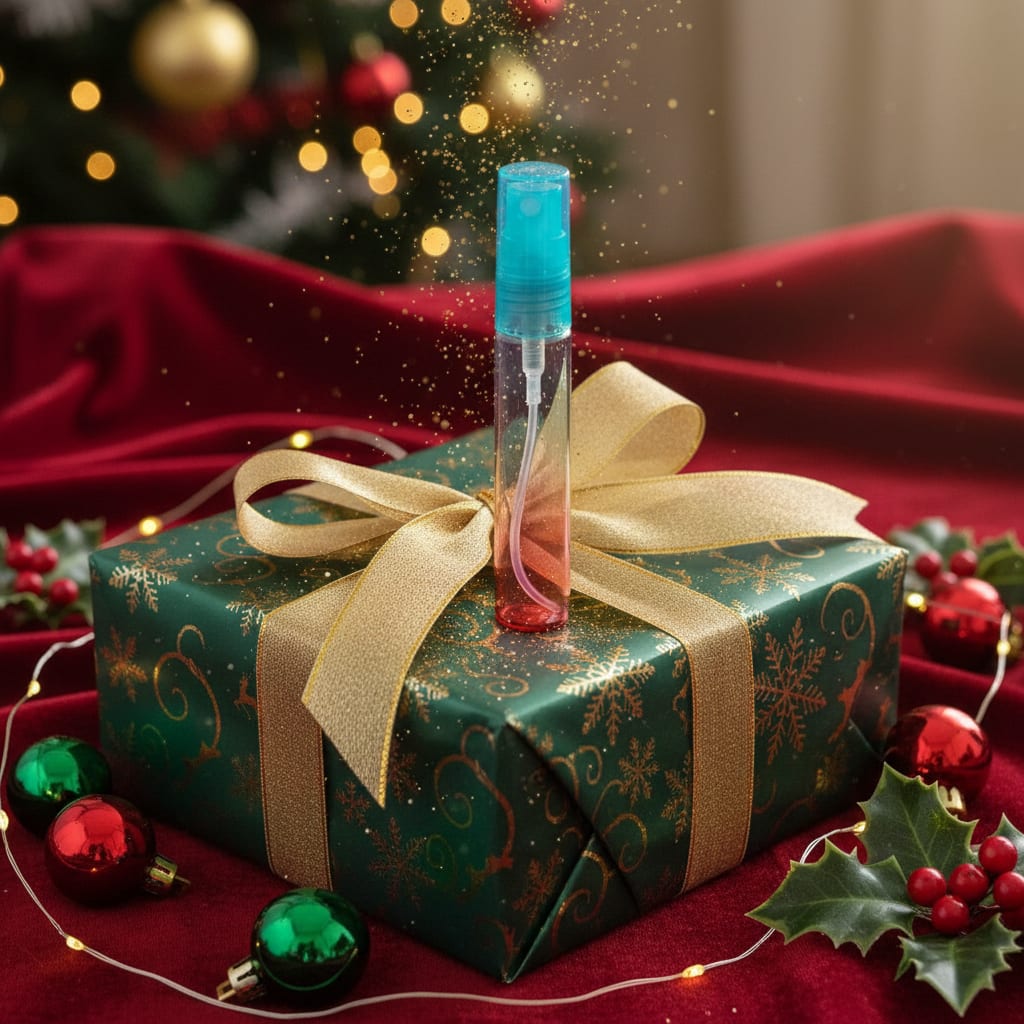 Decorative bottle with a blue cap on a wrapped gift box with a gold bow, surrounded by Christmas decorations.