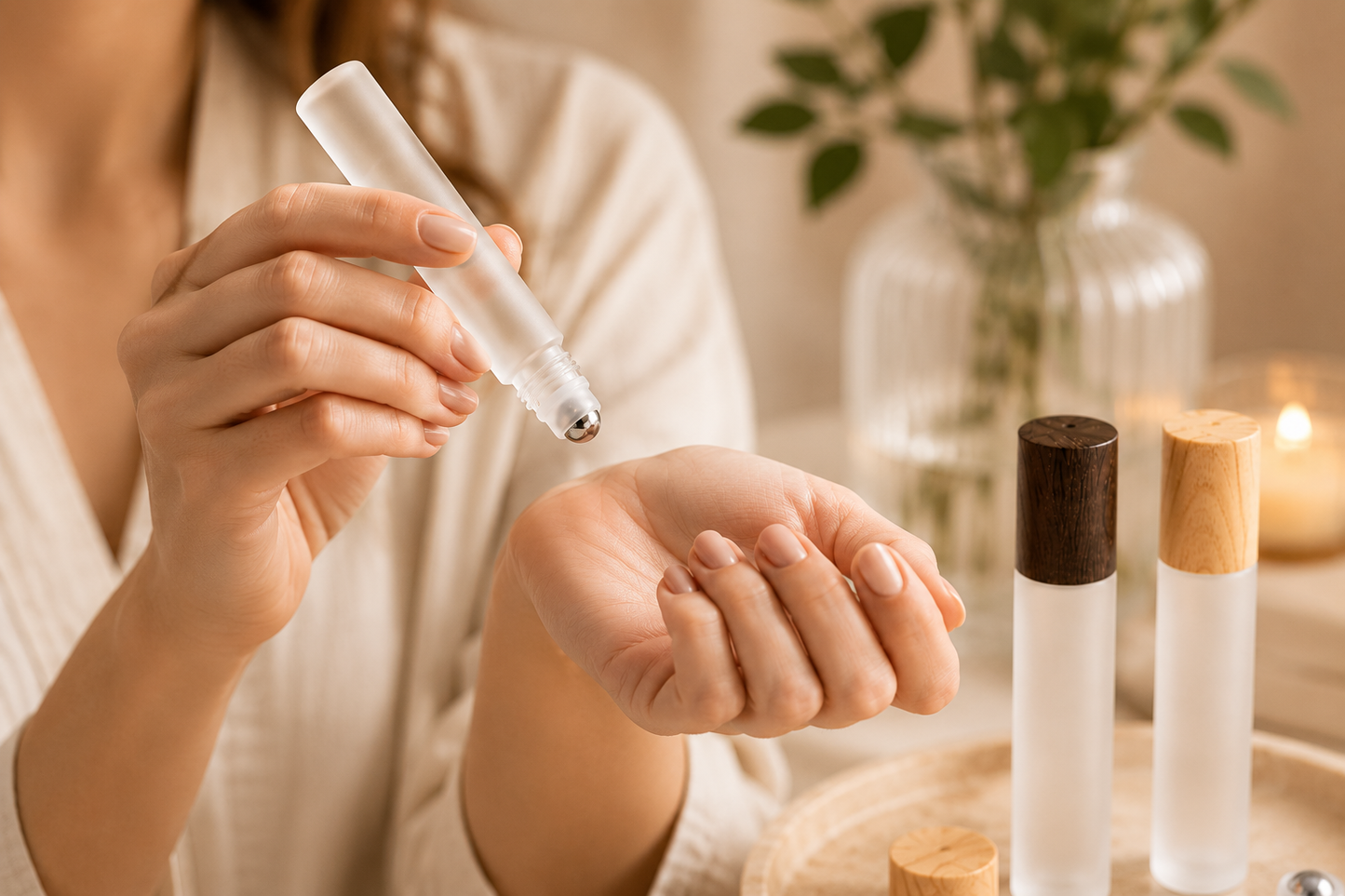 Person applying a skincare product to their hand with a neutral background