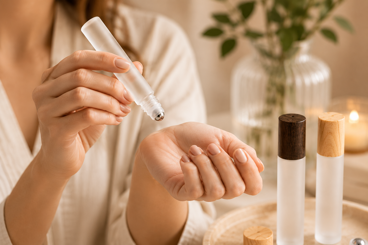 Person applying a skincare product to their hand with a neutral background