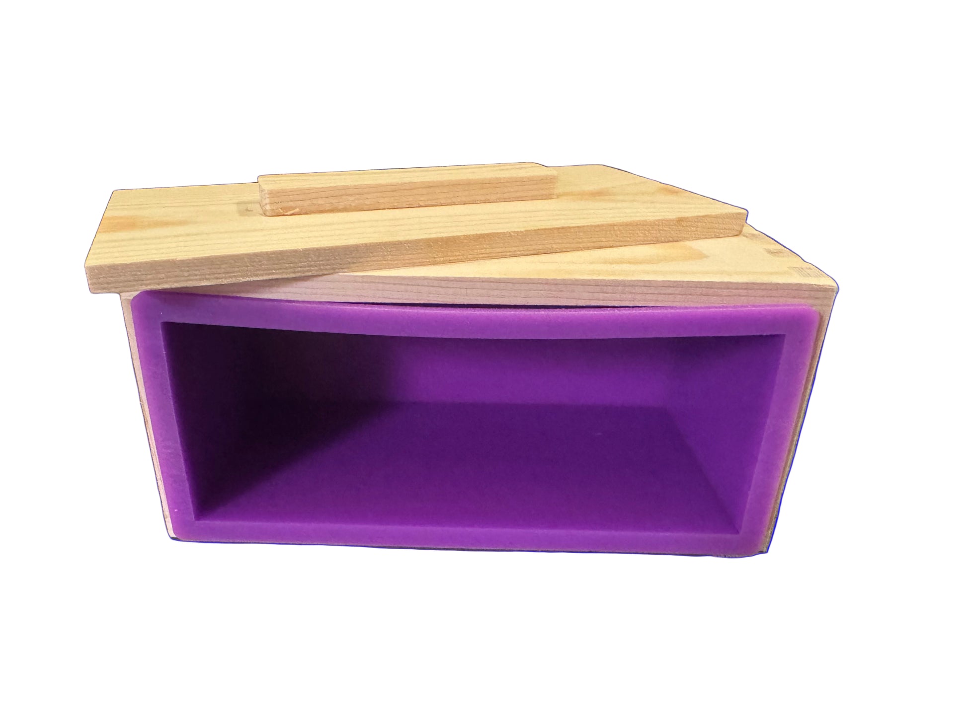 Purple box with wooden top on a gray surface