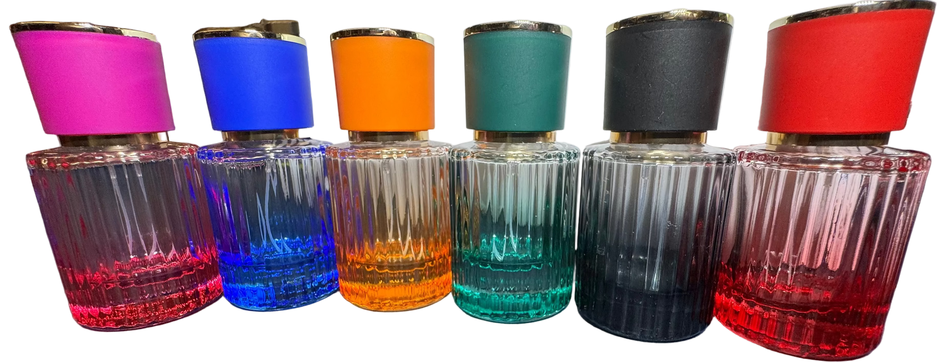 Set of colorful glass perfume bottles with gradient colors