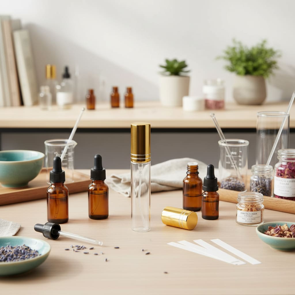 Assorted glass bottles on a table with a blurred background