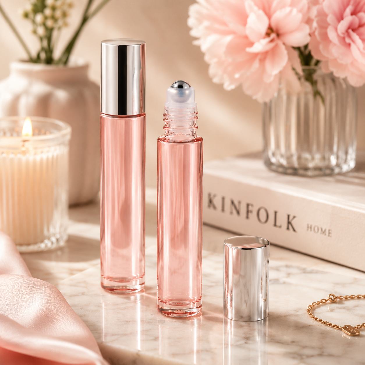 Two pink perfume bottles with silver caps on a marble surface with flowers and a candle in the background.