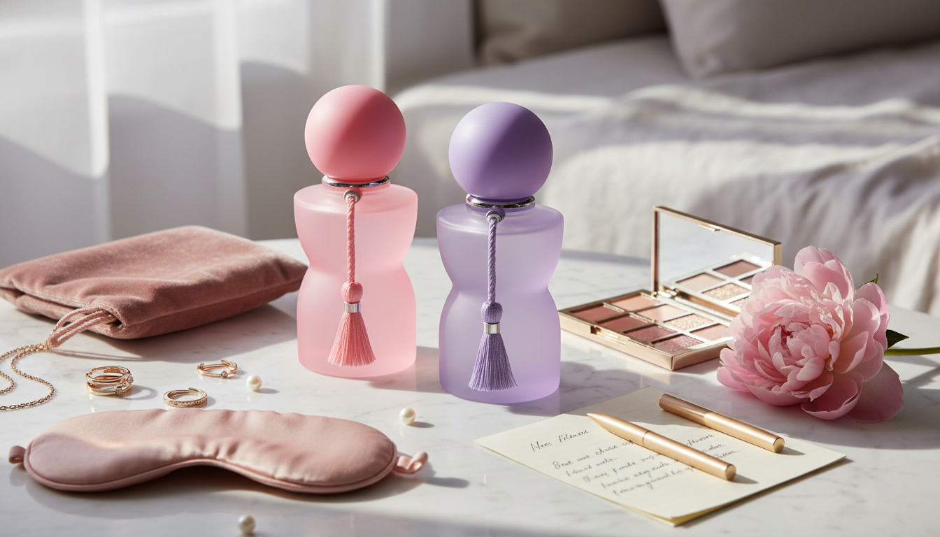 Two perfume bottles, and accessories on a table with a soft focus background.