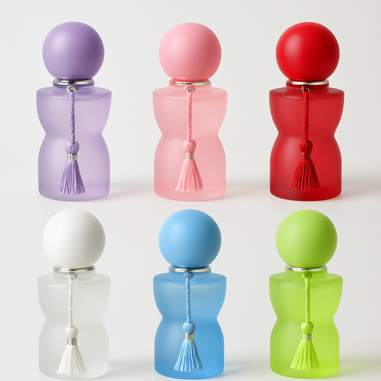 Set of six colorful perfume bottles with spherical tops and tassels on a white background