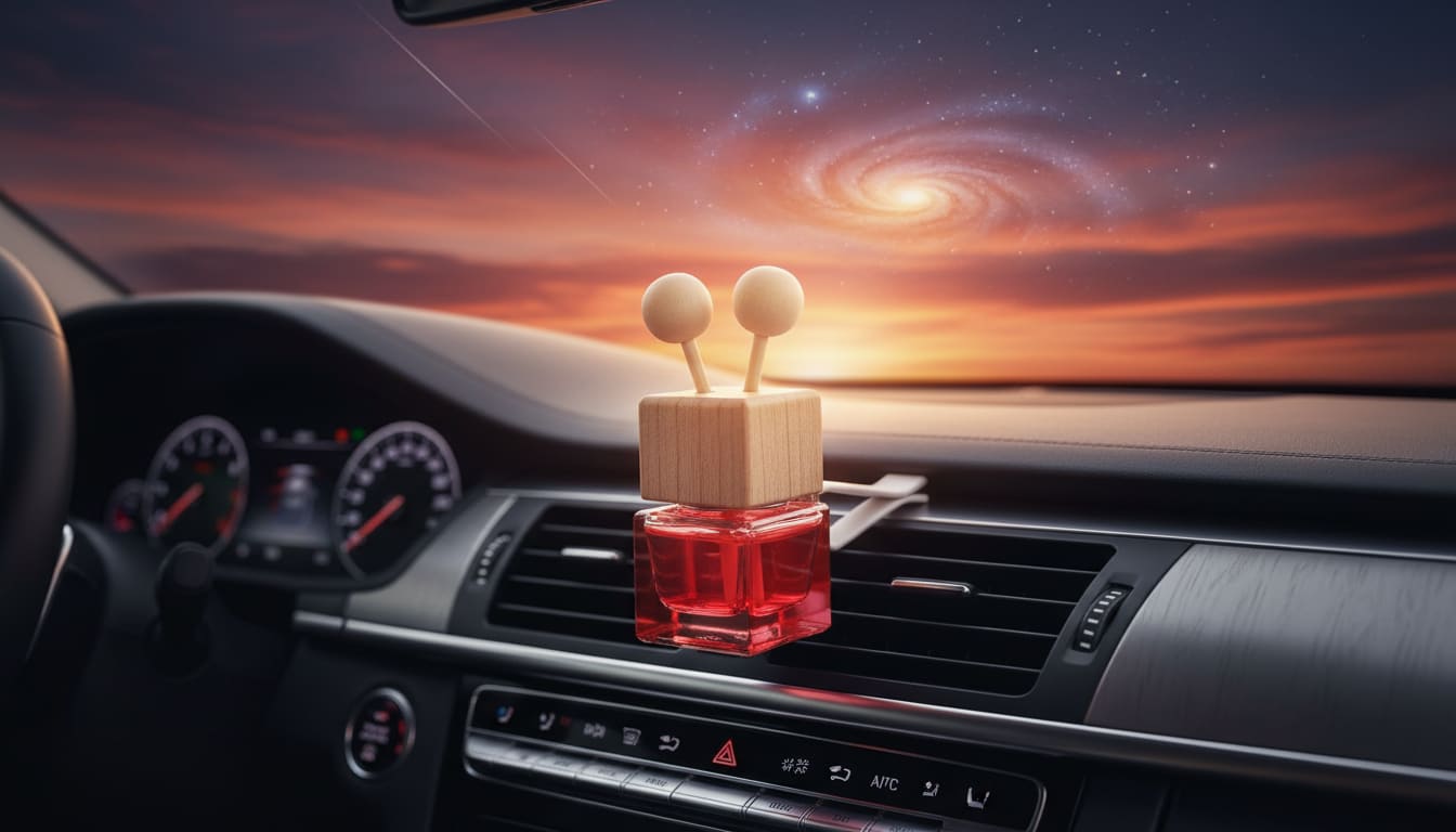 Red car air freshener with a scenic view of a galaxy through the windshield.
