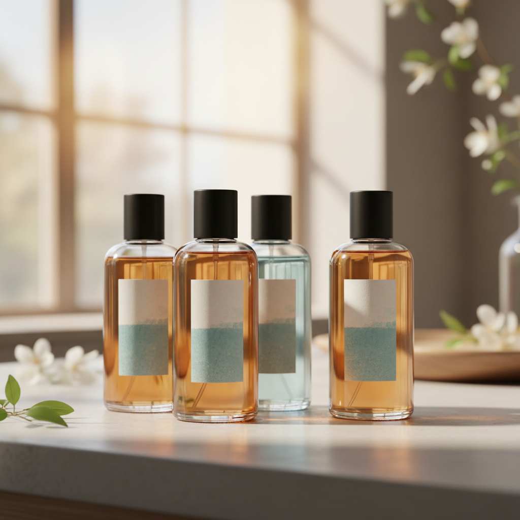 4 bottles of NorthWood fragrance oils sittin on a couner with bright natural light
