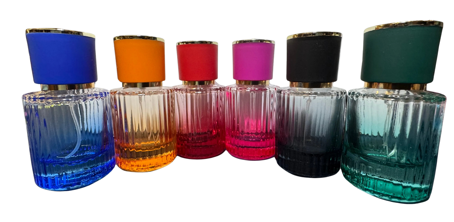 blue, orange, red, pink, black, and green cologne bottles