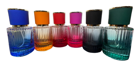 blue, orange, red, pink, black, and green cologne bottles