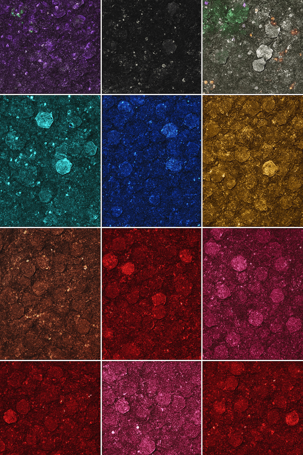 Grid of various colored chameleon glitters