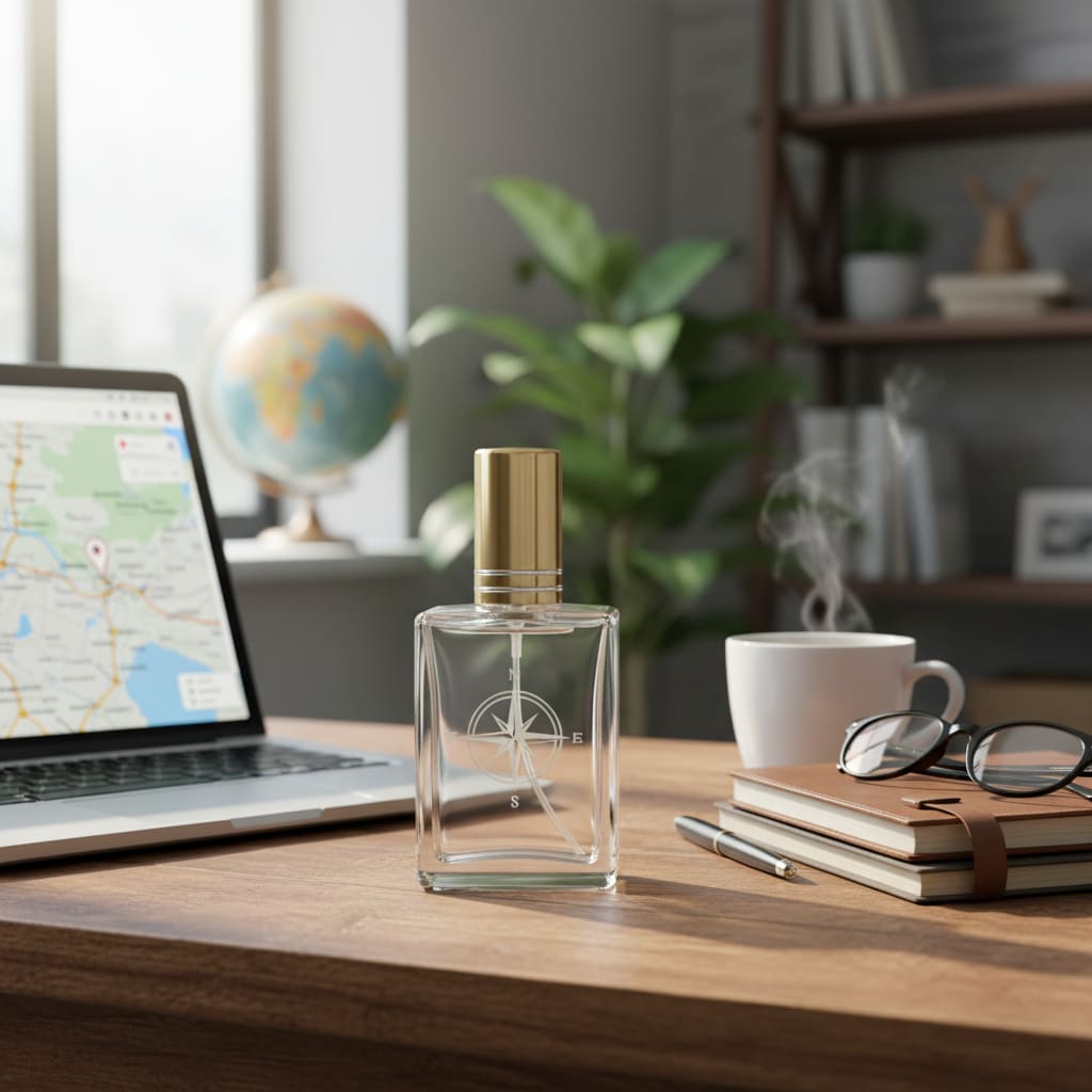 Clear glass perfume bottle with gold cap on a wooden desk next to a laptop, coffee cup, and books.