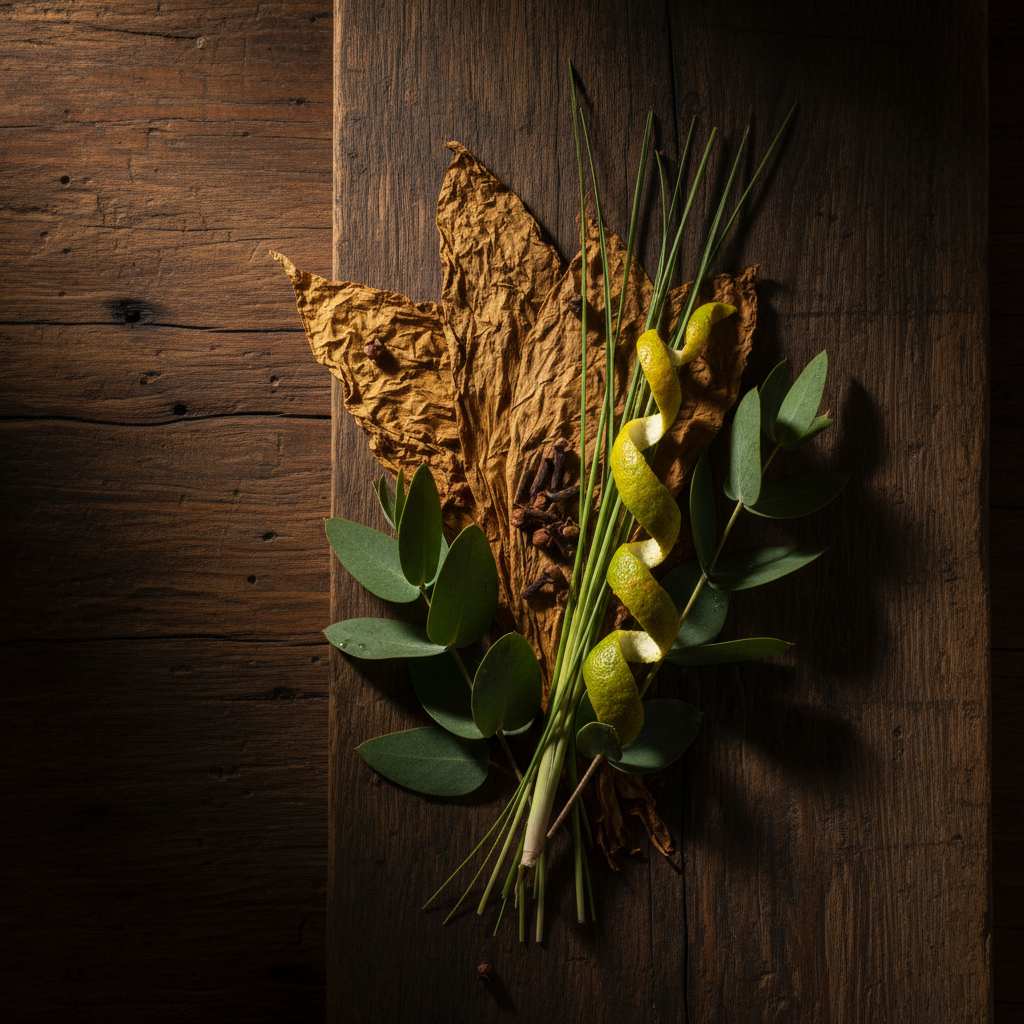 Teak and tobacco fragrance oil image with eucalyptus, lemongrsss, tobacco leaves, clove, and citrus twists
