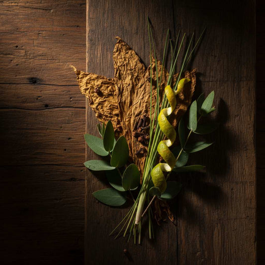 Teak and tobacco fragrance oil image with eucalyptus, lemongrsss, tobacco leaves, clove, and citrus twists