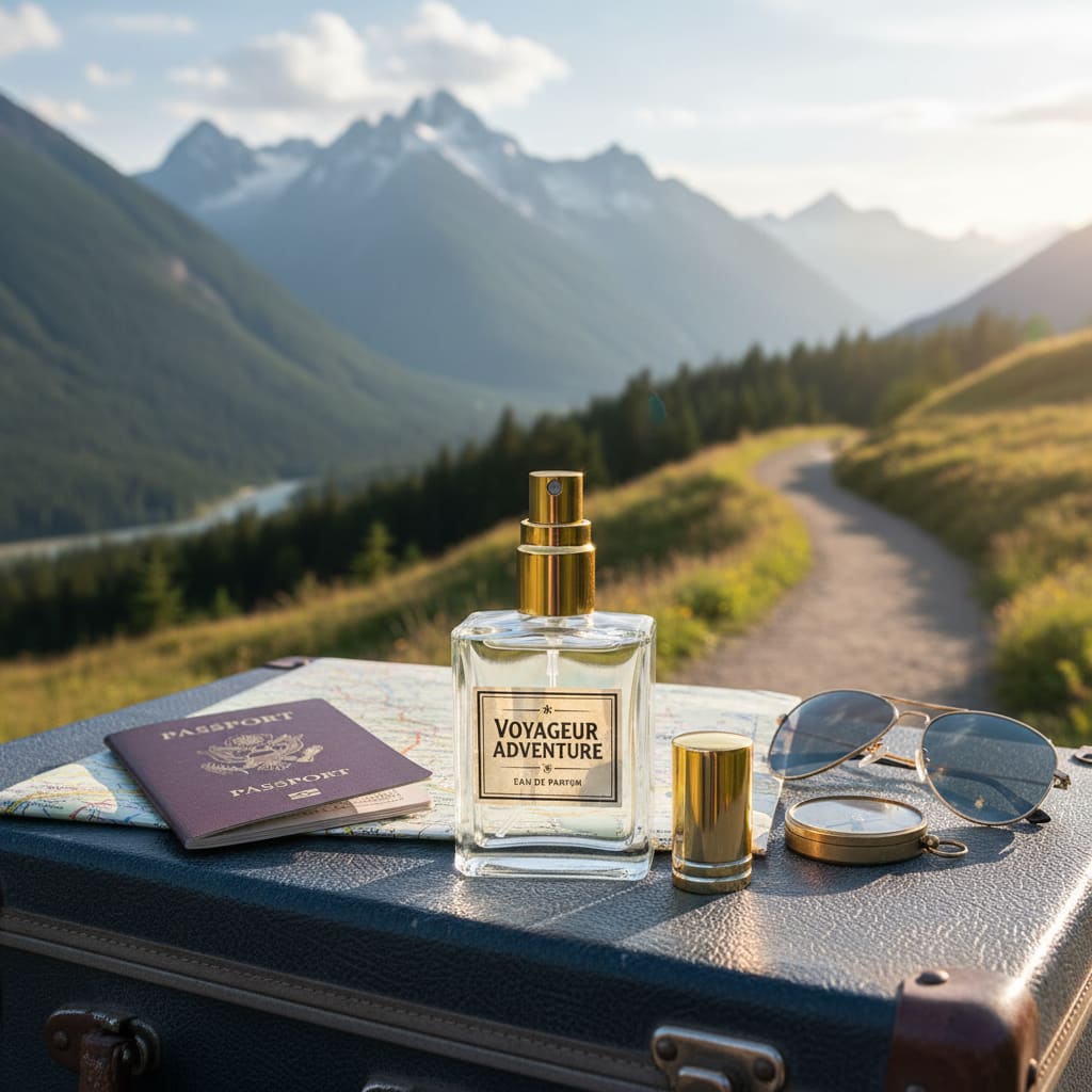 Perfume bottle labeled 'Voyageur Adventure' on a suitcase with a scenic mountain background