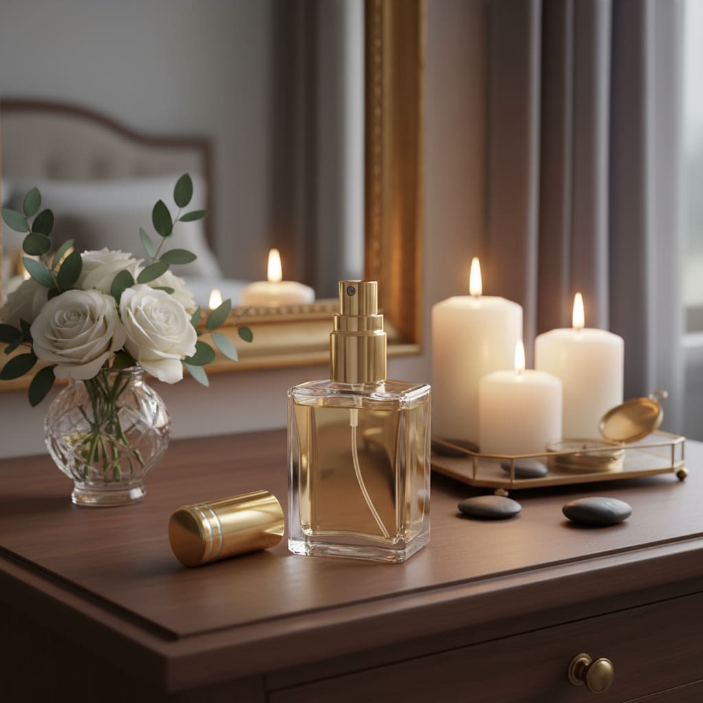 Perfume bottle with flowers and candles on a wooden surface