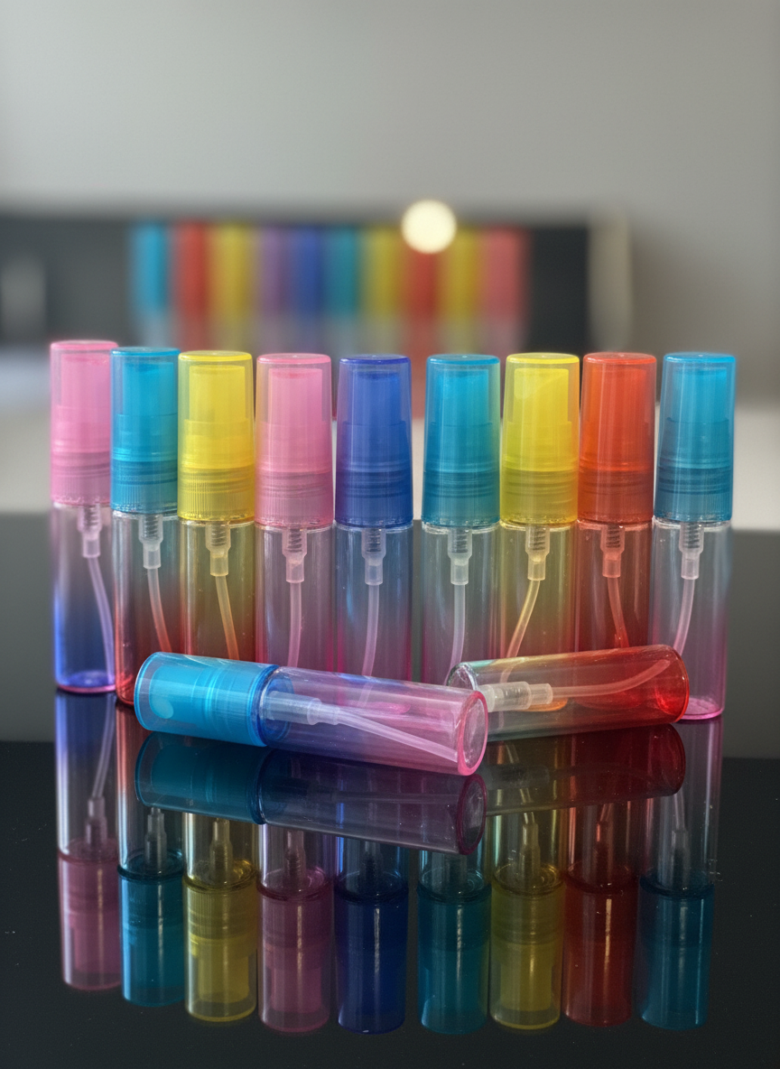 Set of colorful spray bottles on a reflective surface with a blurred background