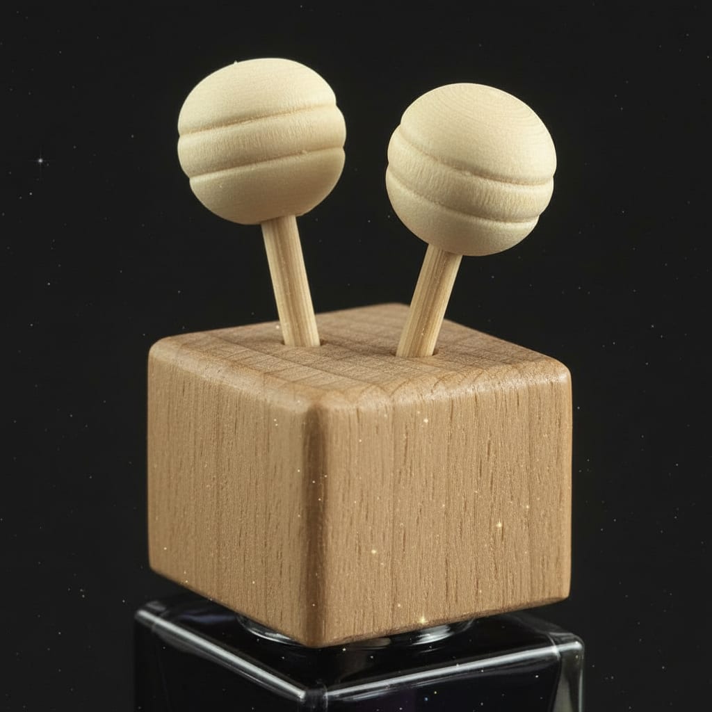 close uo of car diffuser sticks and wood lid
