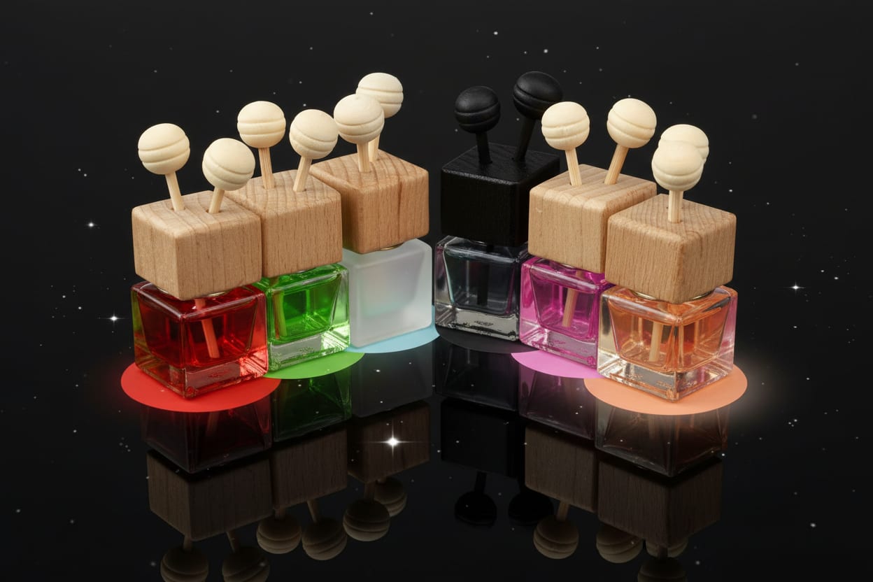 Set of small car perfume bottles with wooden caps on a reflective black surface.
