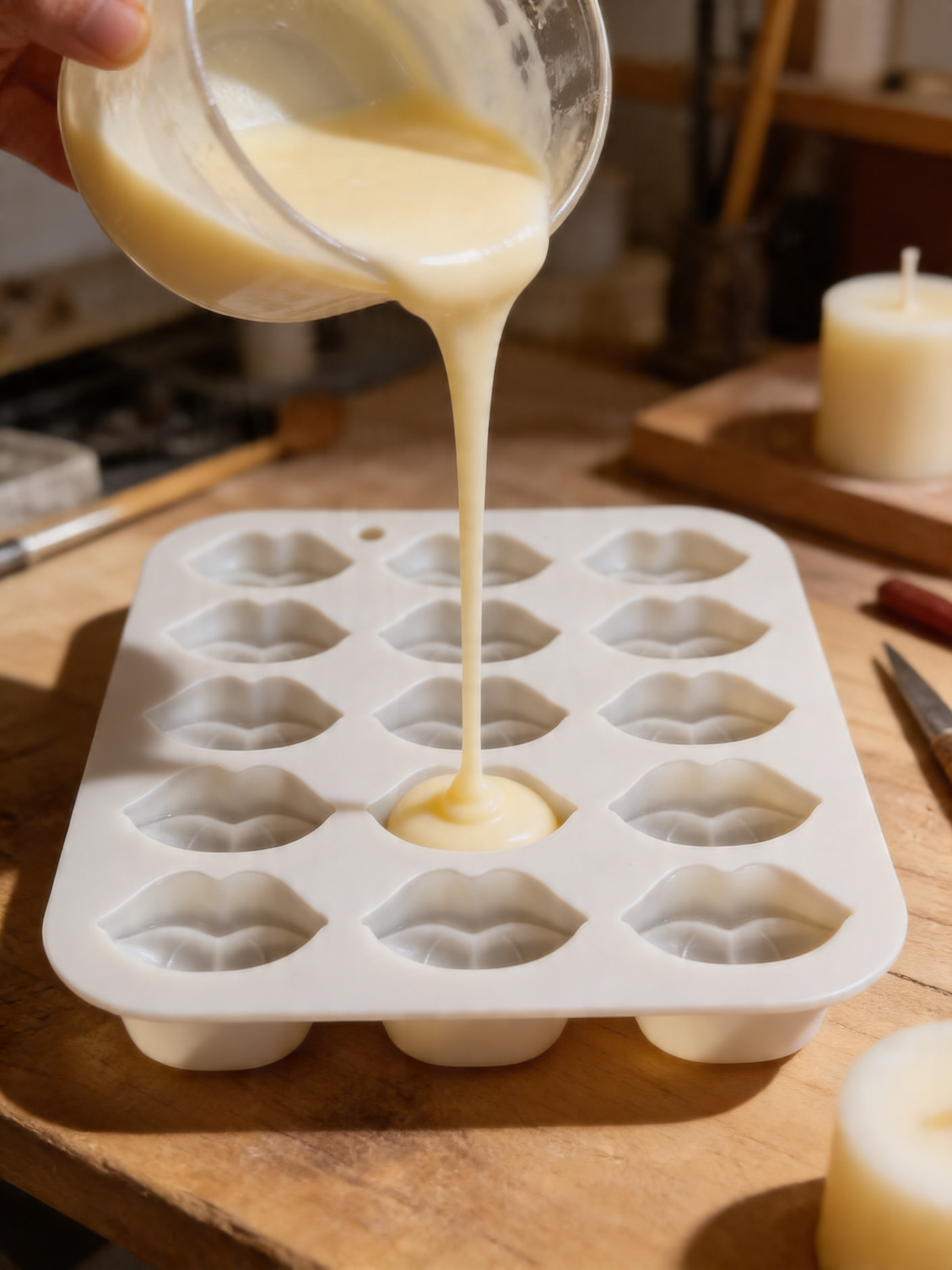 Pouring wax into a lip shaped silicone mold
