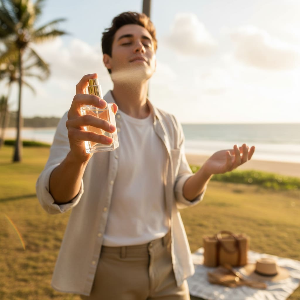Man applying perfume outdoors with palm trees and beach in the background